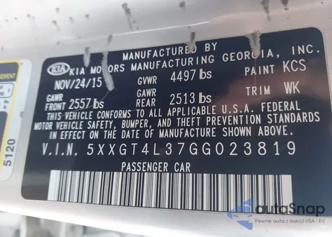 2016 Kia Optima Lx из США, поврежденный, VIN 5XXGT4L37GG023819